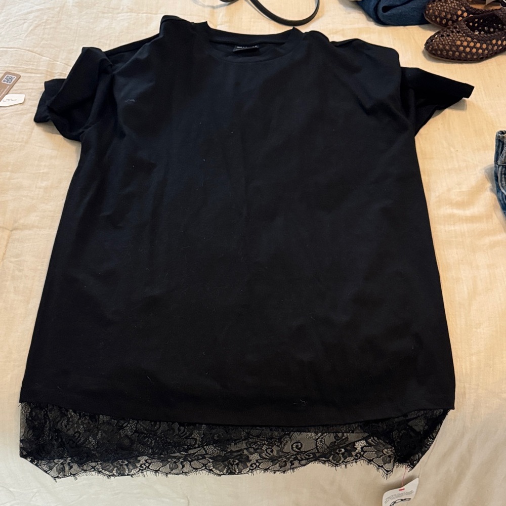 ASOS Black Short-Sleeve Dress with Lace Hem